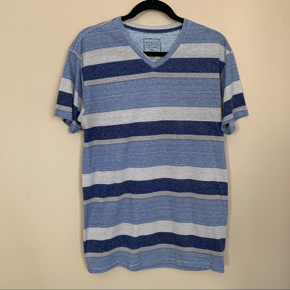 Blue and Gray Stripe V Neck Tee